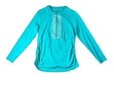 Lands' End Long Sleeve Rash Guard Swim Shirt Size MP Rushed Zip Turquoise
