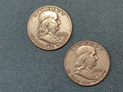 2 Silver Franklin Half Dollar - 1960 & 1961 -  Ungraded, From Collection   C-48