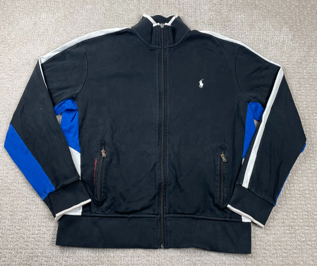 Polo Ralph Lauren Track Jacket Mens Large Black Blue Full Zip Preppy Active Pony