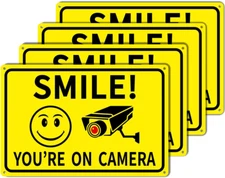 4-Pack Smile You're On Camera Signs 8"x12" Rust Free Aluminum Video Surveillance