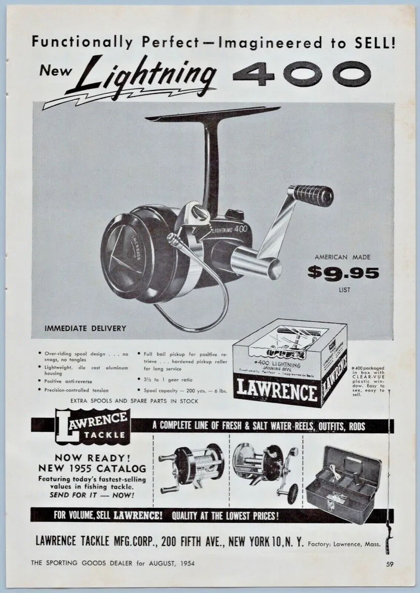Lawrence Lightning 400 Fishing Reel Old Fishing Tackle Print Ad Flyer c1954