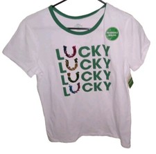 Junior Women Lucky Horseshoe Sequin St. Patrick's Day T-Shirt Shirt Large