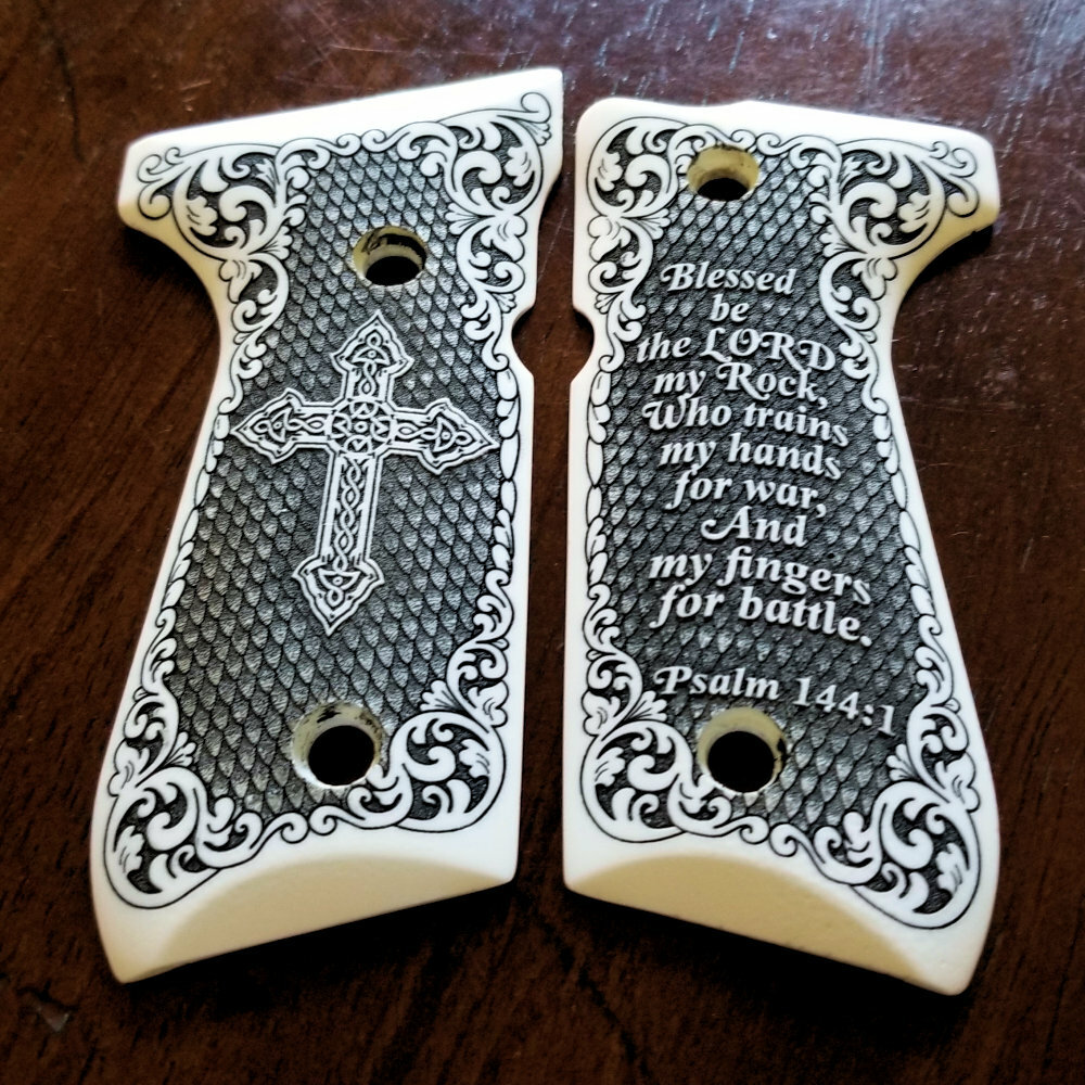 Beretta 92 92FS 96 Custom 3d Engraved Ivory Scrimshaw Grips Trident Checkered
