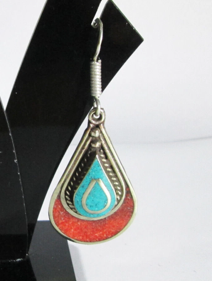 Pendientes Joyería Étnica Tibetana Turquesa Coral Piedras Naturales Pendientes Luz Foto 4 de 4