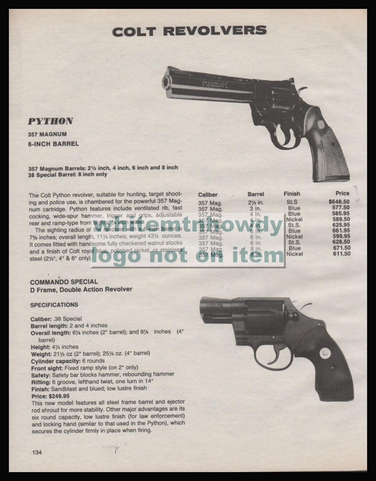 1985 COLT Python 6" barrel and Commando Special Revolver PRINT AD | eBay