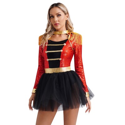 Womens Circus Shoulder Ringmaster A-Line Tutu Dress Play Bodysuit Party Costume