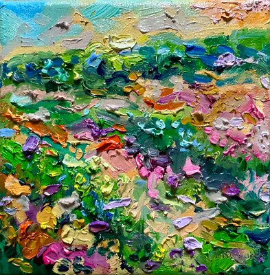 Wildflowers Oil painting ORIGINAL art Lupine floral field artwork Landscape 6x6''