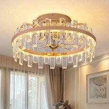 19" Gold Crystal Ceiling Fan with Light and Remote ,Low Profile Flush Mount Fan