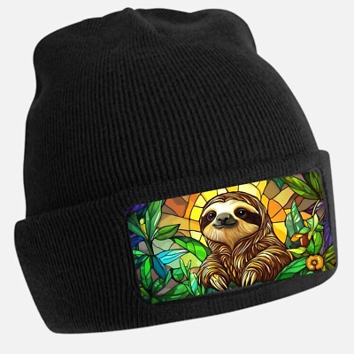 Black Beanie Hat with Cool Sloth Motif - Unisex Cap, Cotton