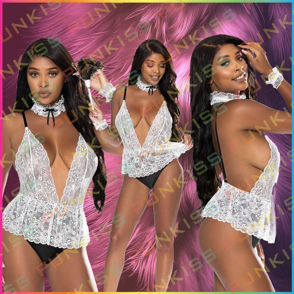 Сексуальная горничная глубокий V плюшевый цветочный кружева белье комплект💋 Кокетливое нижнее белье костюм - Изображение 2 из 4