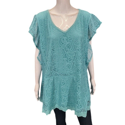 Isaac Mizrahi Live Stretch Lace Flutter Sleeve Peplum Tunic Top 3X Plus Sz Aqua