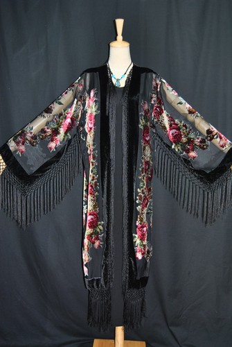 Art to Classic Eastern Flower Burnout Velvet Fringe Jacket Coat Kimono Duster - Bild 28 von 42