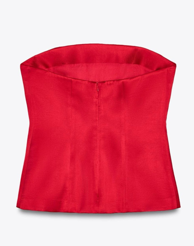 ZARA Strapless Satin Effect Top Crop Blouse Shoulder Red Lined Zip Large NEW image 3