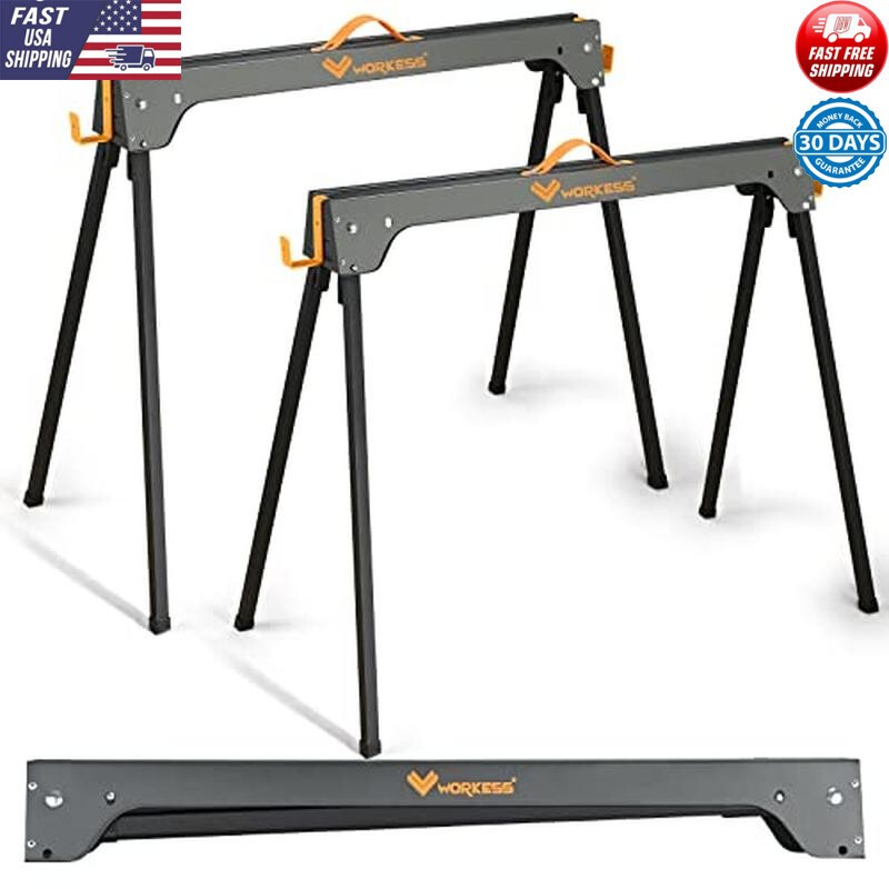 Heavy Duty Folding Sawhorses Pack 2200lbs Load Wood Hooks Legs