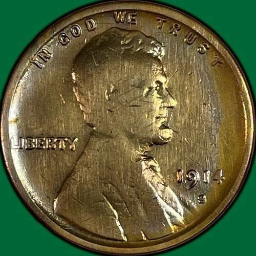 1914-S Lincoln Wheat Cent Very Good VG Coin, Harshly Cleaned #34377