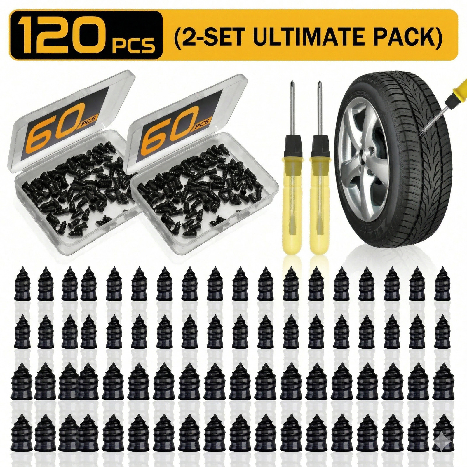 60Pcs Tire Repair Kit 30S+30L Rubber Nails w/ Screwdriver Box for Car Motorcycle