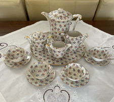Antiq. 1900 R  Co Limoges Tea Set -Delicate Floral Chintz Gold Accents-15 Pc