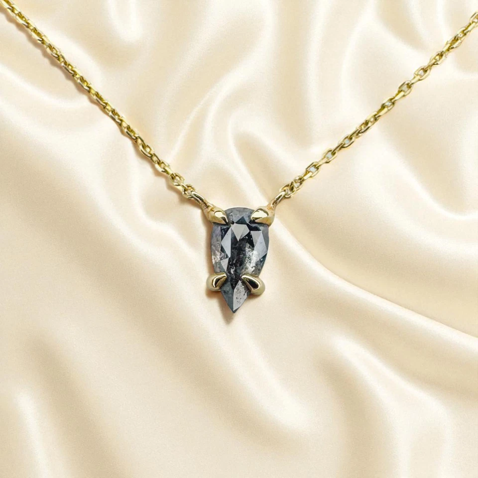 Ожерелье из золота 14 карат с натуральными бриллиантами соль и перец -16 дюймов - 1/3 карата грушевидная огранка солитер - Изображение 3 из 4