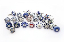 Set of 25 Blue White Hand Painted Ceramic Pumpkin Knobs Cabinet Drawer Handles