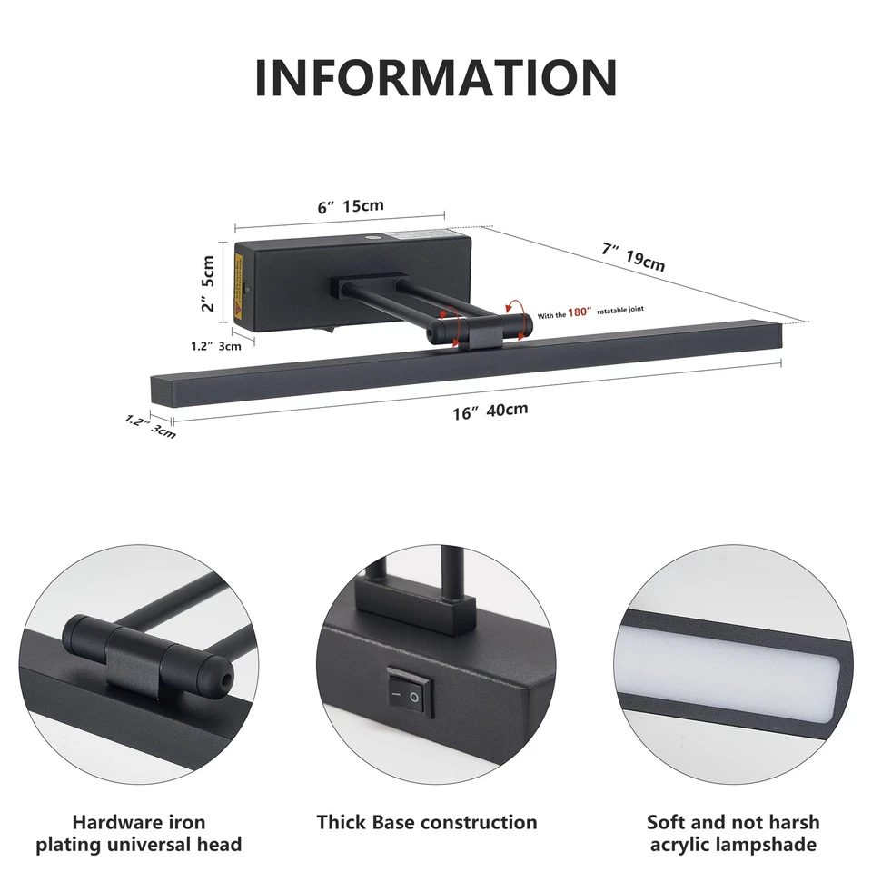 16" Black Picture Light Battery Operated Sconce 3CCT Dimmable Wall Lamp w Remote - Image 3 of 4