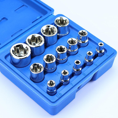14-Piece Female E-Torx Socket Set, E4-E24 External Star Sockets, 1/4'' 3/8'' 1/2''