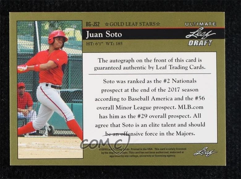 2018 Leaf Ultimate Draft 92 Black Gold Auto Juan Soto #BG-JS2 Rookie Auto RC - Image 2 of 2