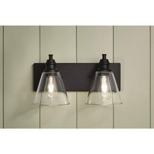 Hampton Bay Manor 15.375" 2-Light Vanity Light Matte Black Clear Glass Shades