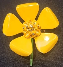 Vintage 60's Enamel & Metal Yellow Pin Brooch Flower Floral  Mod Bright Colorful