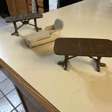 1930’s Antique Tootsie Toy White Metal Chaise & 2 Library Tables Doll Furniture