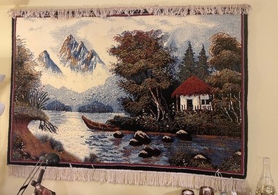 Vintage handgewebter Wandteppich Wandbehang Berg See Hütte Szene