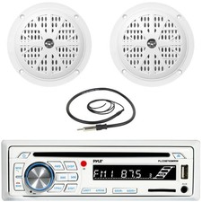 Pyle PLCDBT65 Single DIN Marine CD Receiver, 2x 4'' 100W White Speakers, Antenna