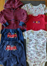 6 Pcs: Boys Fire Rescue Lt Sweatshirt 3 One-Pieces, 2 Carters Pants