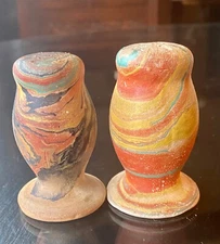 Vintage Desert Sands Swirled Stone Salt Pepper Shakers Cork Stoppers Nice Colors