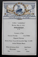 CUNARD LINE RMS SAXONIA RARE WW1 MENU MAY 21ST 1917