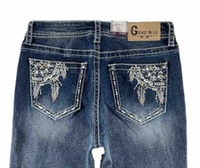 Grace in LA Jean Easy Bootcut Mid Rise Native Feather Dreamcatcher Stretch 27 28
