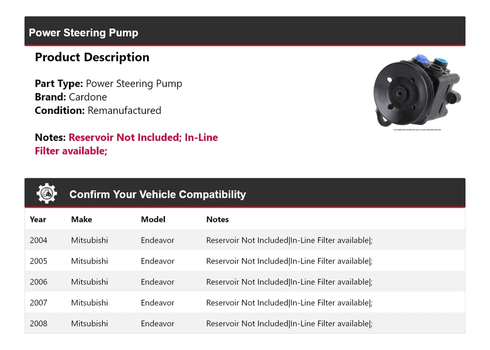 Bomba de dirección asistida Cardone para Mitsubishi Endeavor 2004-2008 2005 2006 2007 Foto 2 de 4