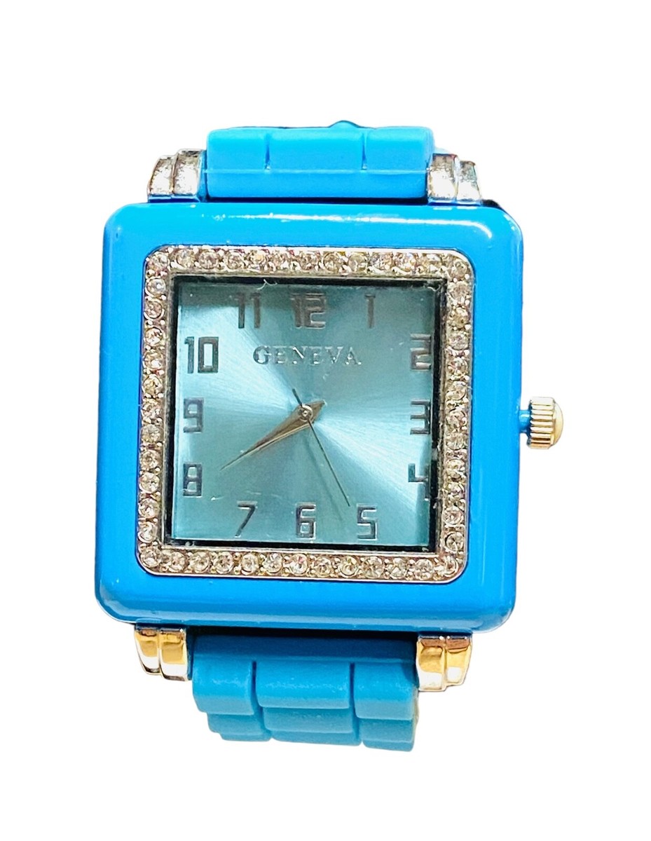 Geneva Silicone Band Blue Quartz Square Watch Clear Crystals  display picture 2
