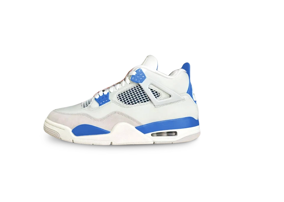 An Air Jordan 4 Retro in 'Military Blue' against a blue background.