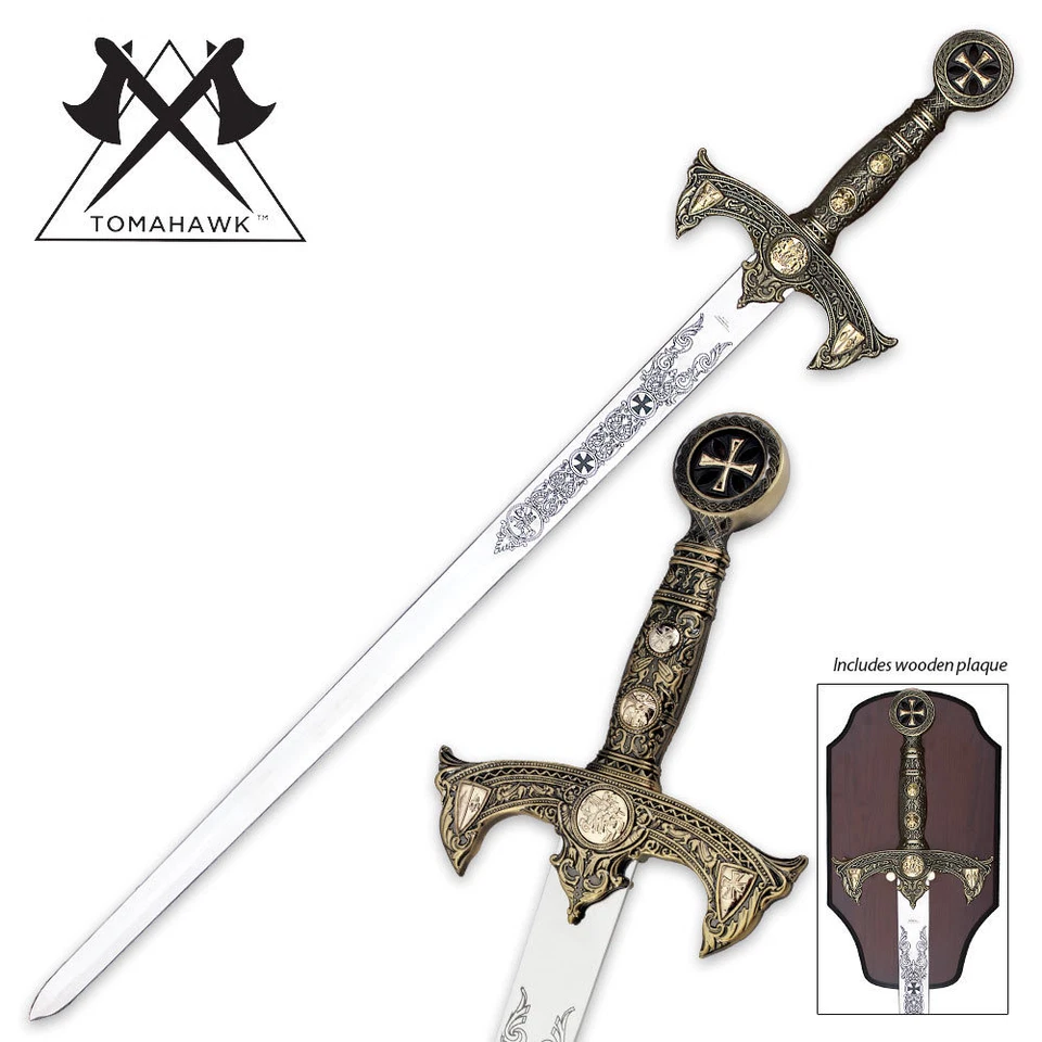 Knights Templar Medieval King Arthur Historical Sword with Wall Plaque - Image 2 of 3