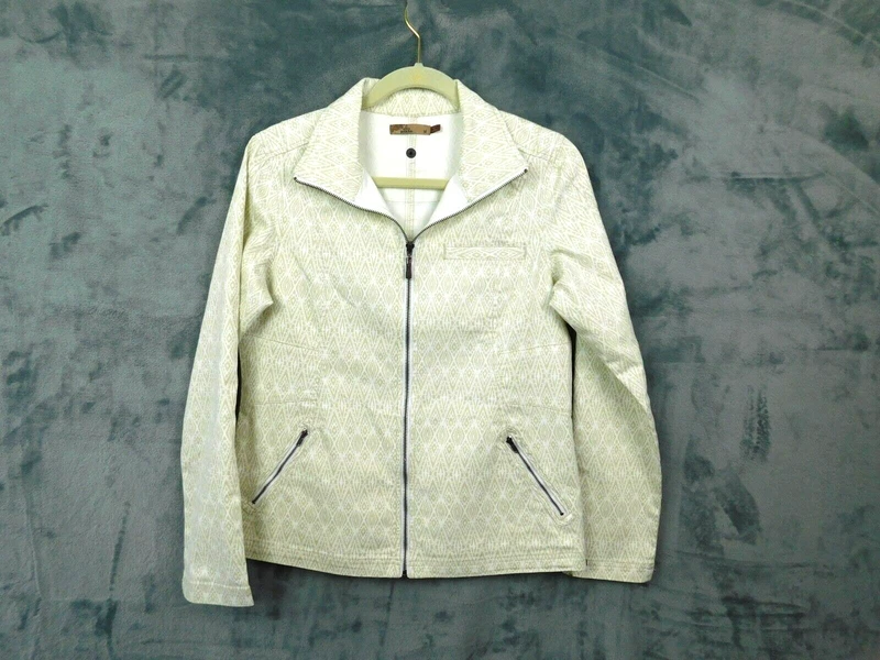 prana organic cotton zip up geometric print collared jacket