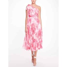 Marchesa one shoulder printed chiffon pleated dress pink US8