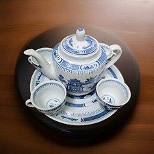 Vintage Porcelain Chinese Tea Set, Blue  White Pagoda Scene 6 Pc 