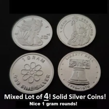 Mixed lot of FOUR (4) 1 gram silver rounds 0.999 fine precious metals FREE SHIP!