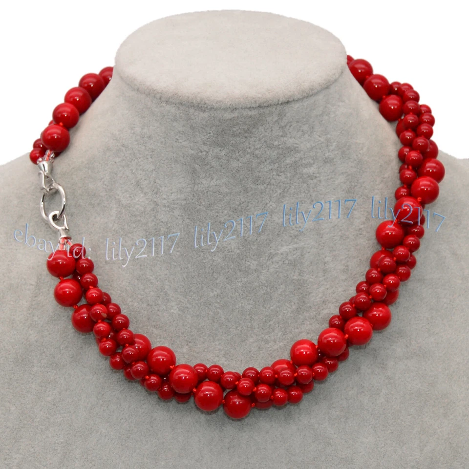 Collar de cuentas redondas 3 filas 6 mm 10 mm Mar del Sur Coral Rojo Concha Perla 16-32"" Foto 2 de 4
