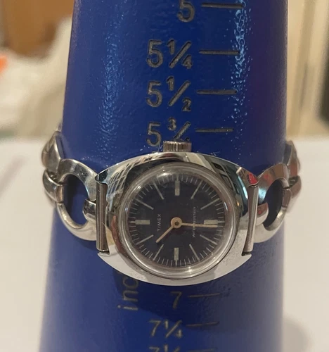 Vintage Timex Watch Women Silver Tone 24mm Blue Dial Manual Wind Nice Band 6+"