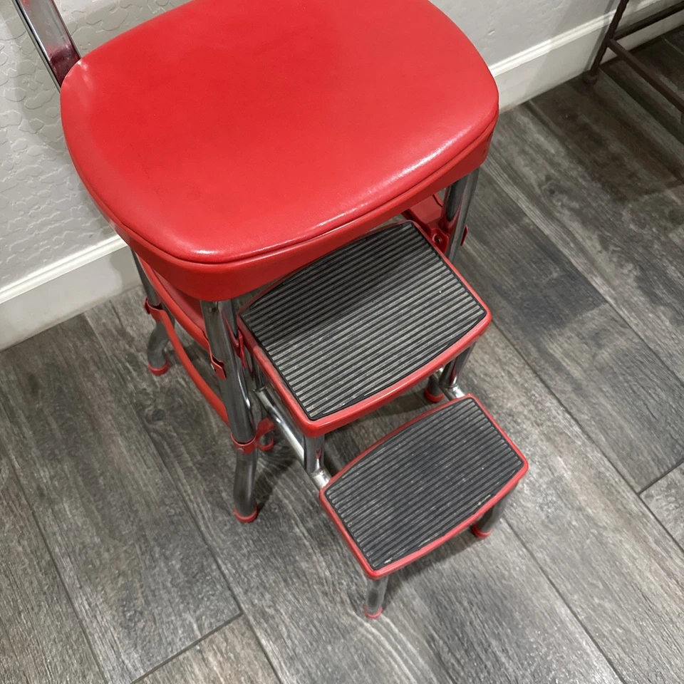 Cosco Retro Counter Chair with Step Stool Sliding Red Vinyl Cushion Non Slip - Image 3 of 4