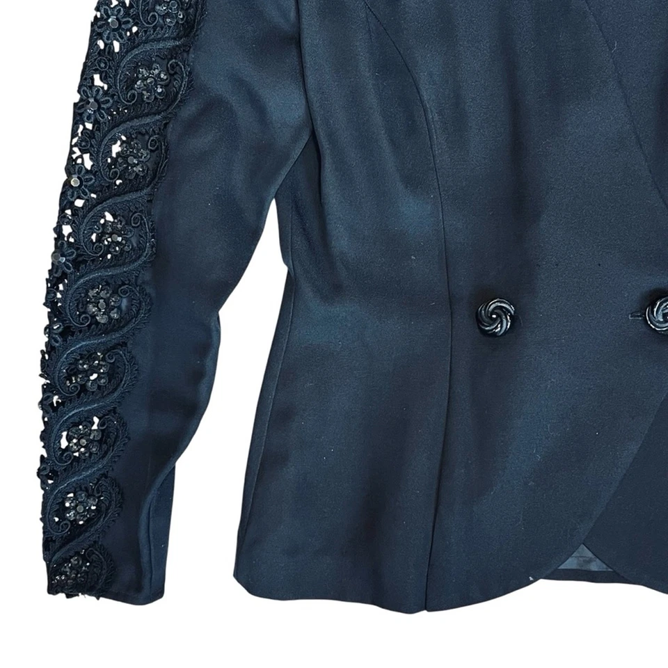 Jessica McClintock Women’s Sz 6 Vintage Black Sequin Lace Sleeve 90s Blazer - Image 4 of 4