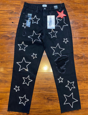 NWT-Simple Society Super High Rise Black Rhinestone Star Distressed Jean SZ 7/28