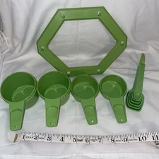 Vintage Tupperware green Nesting Measuring Cups W/holder & Measuring spoons Set