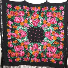Pavlovo Posad Wool Shawl Black Pink Orange Floral Scarf Russia 35" Silk Tassels